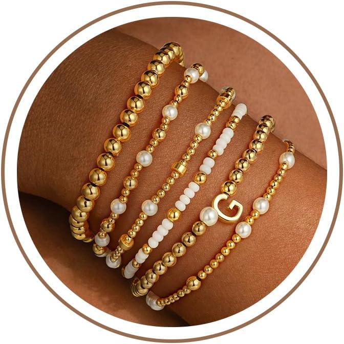 Turandoss 18K Gold Plated Beaded Stretch Initial Bracelet for Women Gifts
