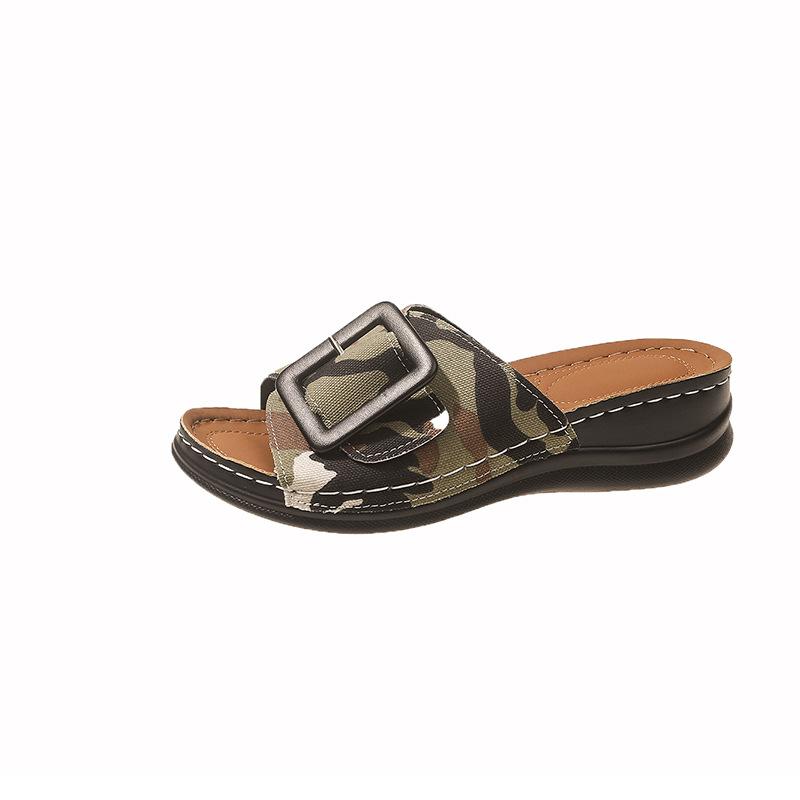 Large Size Slippers Women's Summer New Camouflage Slope Heel Fish Mouth Drag Round Head Beach Cool Slippers 43