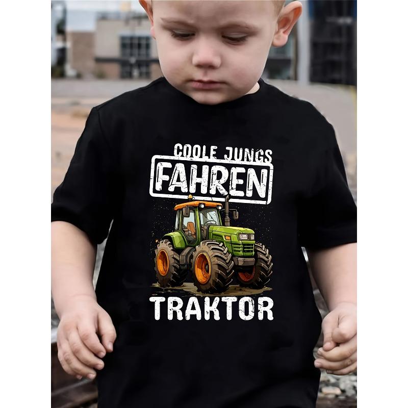 Boys Tractor & Fun Letter Print Crewneck Short Sleeve Tee, Casual Comfortable Daily Top