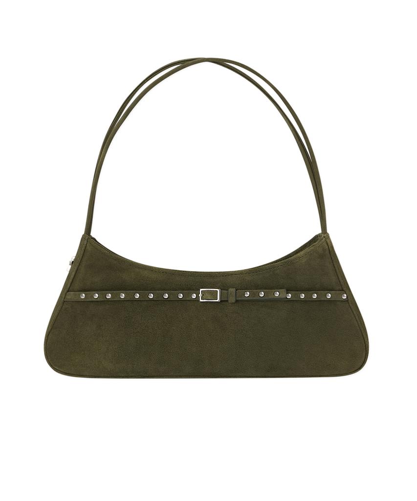 Ttmab Mini Buckle Small Baguette Bag - Studded Khaki Suede