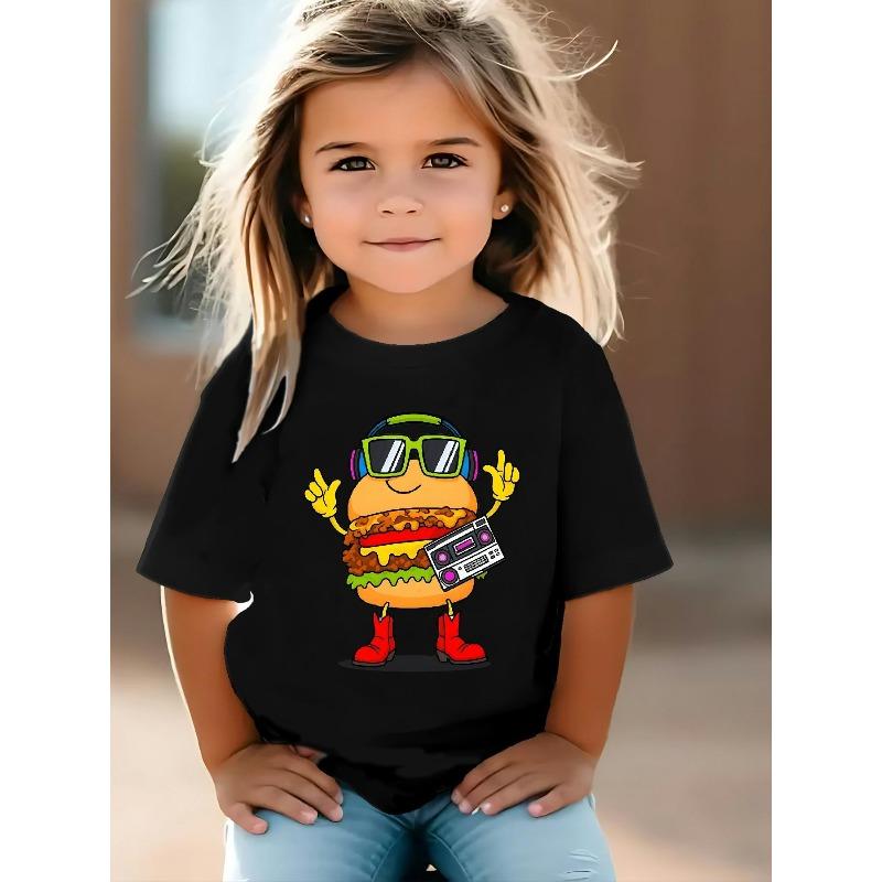 

European Size Girls Hamburger Pattern Casual Round Neck Short Sleeved T Shirt 98cm чёрный