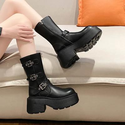 Fashion Zipper Women's Boots High Heels Anti-slip Square Heel Platform Shoes Buckle Round Head Winter Boots Outdoor Leisure Black Brown