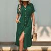 Women's Casual And Fashionable Solid Color V-Neck Pocket Button Drawstring Short Sleeved Dress