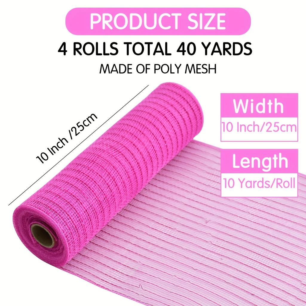 4 Rolls 10 Inch Red/Pink/White Decorative Mesh Ribbon, for Wreath Supplies Front Door Wreath Crafts Tree Decor Christmas NewYears Valentine'S Day