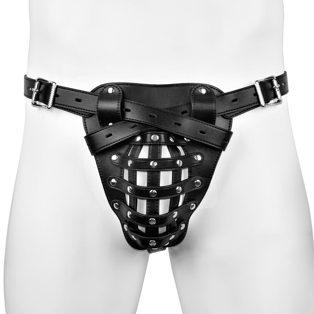 FUNSM Lockable Microfiber Leather BDSM Underwear Set Male Adjustable Vegan Leather Cock Harness with Alloy Chain for Fetish Play