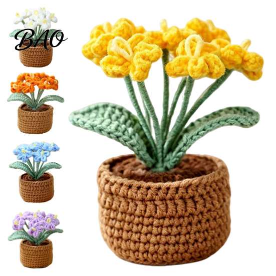 Multi Color Crochet Flower Pot Crocheted Potted Plant, Artificial Yarn Ornament, Vibrant Multi-color No Maintenance Fake Flowers Knitted Desktop Plant