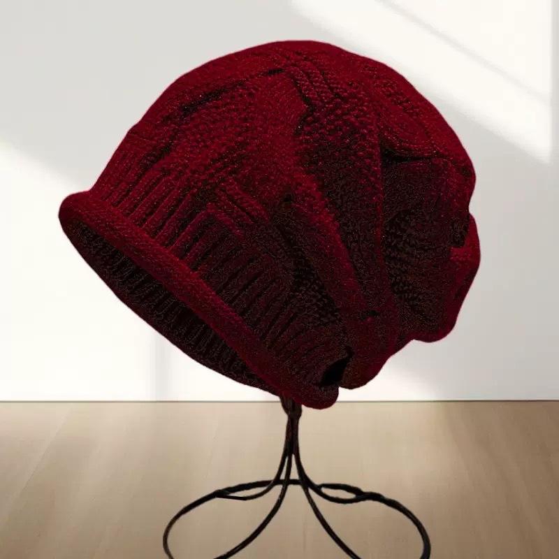 

Autumn Winter Rolled Edge Knitted Cap Fashion Women S Outside Sports Cold Protection Warm Beanie Hat вина червоного кольору