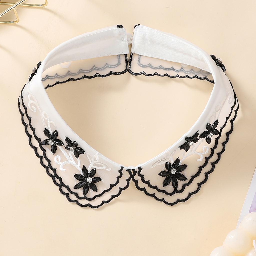 1 piece of elegant embroidered fake collar for ladies, featuring a double-layer wavy lace collar with beaded and rhinestone deta