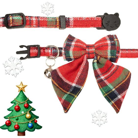 Christmas Cat Collar with Bow Tie Flower Sailor Bowtie Breakaway Safety Detachable Plaid Kitten Cats Pet Cute B Sailor Bow-Red