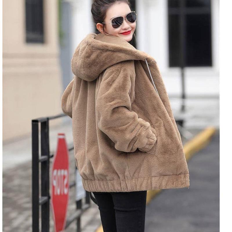 Flannel 2025 Korean Style Thick Hooded Women's Winter Loose Plush Long Sleeve Coat