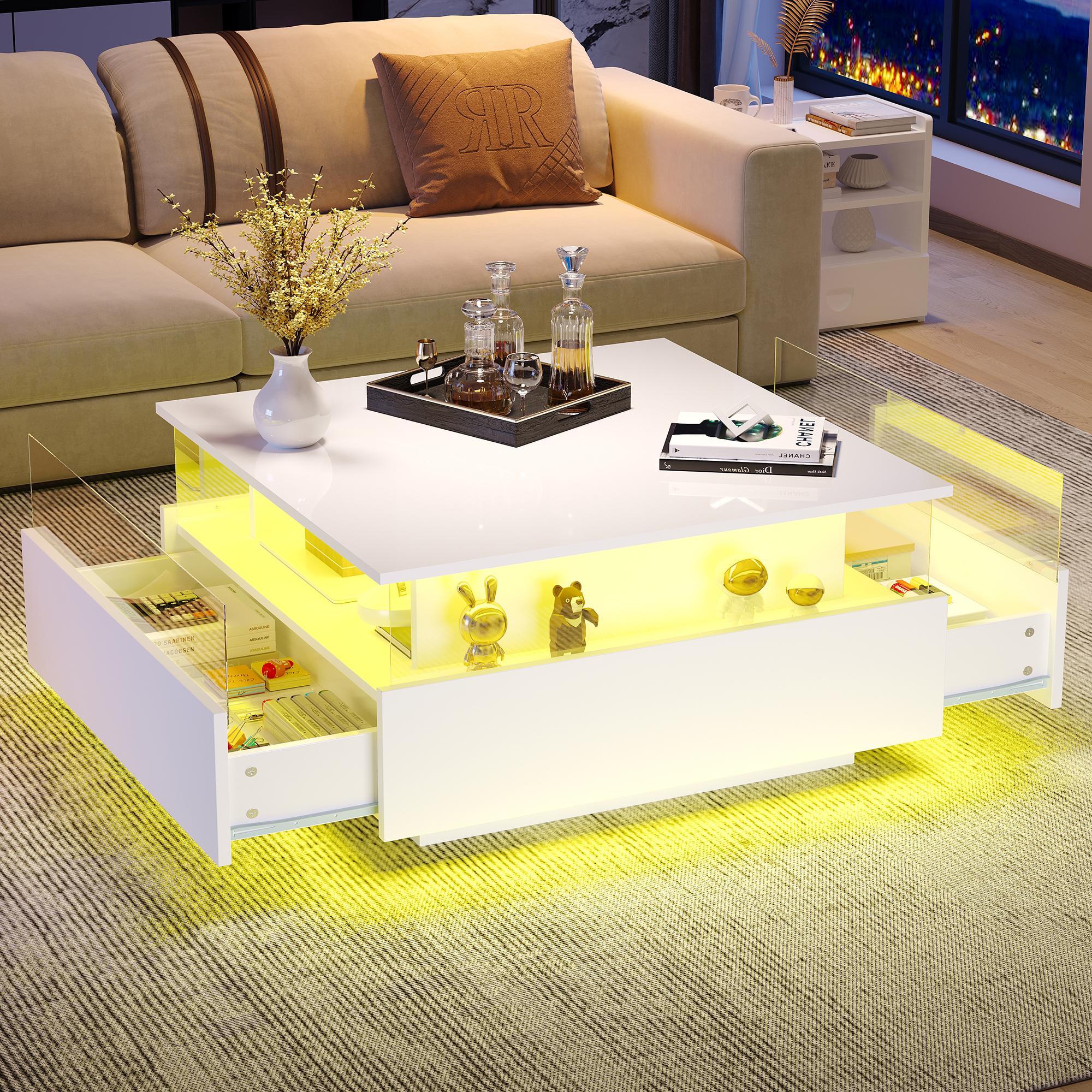 Masă de cafea modernă cu LED, finisaj lucios, 70*70*41cm, cu 2 sertare și zonă de afișare transparentă – Capacitate de încărcare până la 30 kg, ideală pentru sufragerii alb