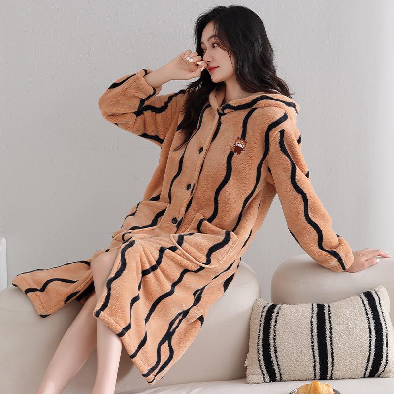 Coral Fleece Nightgown Women'S Autumn And Winter Pajamas Fleece Thickened Warm Coral Fleece Cardigan Hooded Bathrobe