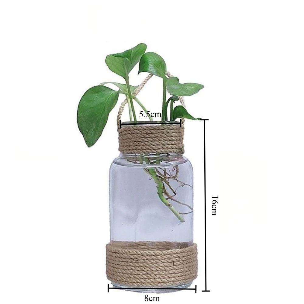 Vintage Nordic Hydroponics Glass Vase Country Style Handmade Hemp Rope Vase for Home Office Restaurant Decorative Plants Fresh