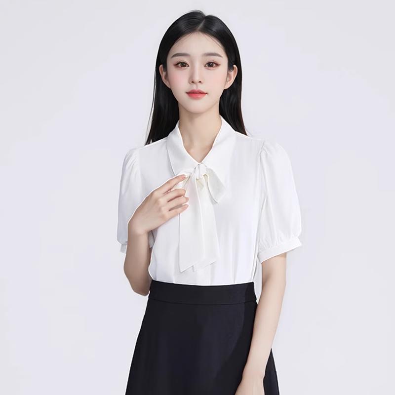 Women's Detachable Bow Short Sleeve Chiffon Blouse