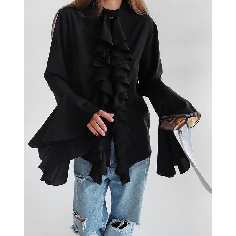 Designkänsla Volang Långärmad Skjorta Höst Vinter Ny Elegant High-end Kofta Topp för Kvinnor