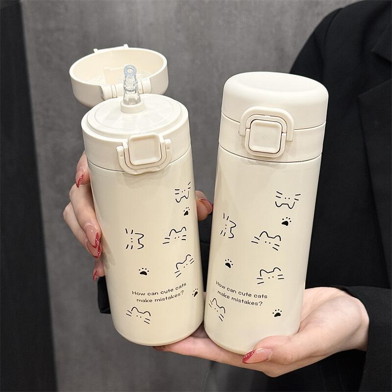 Simple Cute Cat Thermos Water Bottle with Straw Portable Stainless Steel Thermal Cup For Girl Kids Students Leak-proof Drinkware