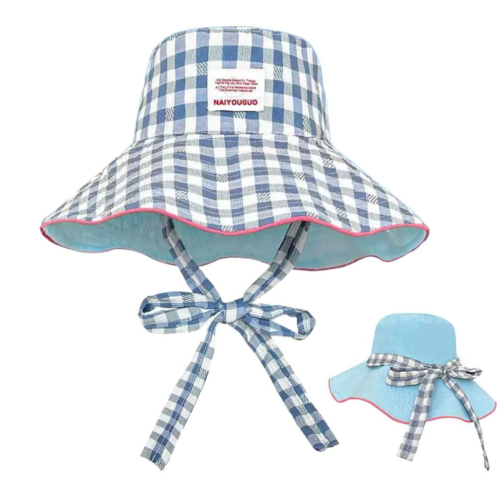 Plaid Fisherman's Hat Dual-Style Reversible Wear Wide Brim Sun Hats With Chin Strap Cute Pastel Plaid Beach Hat For Outdoor Trav