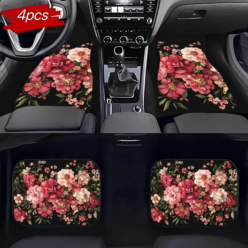 Set of 4 Car Mats Featuring Ethnic Designs with a Vintage Look, Fashionable And to Maintain, Compatible with Different Vehicle Models