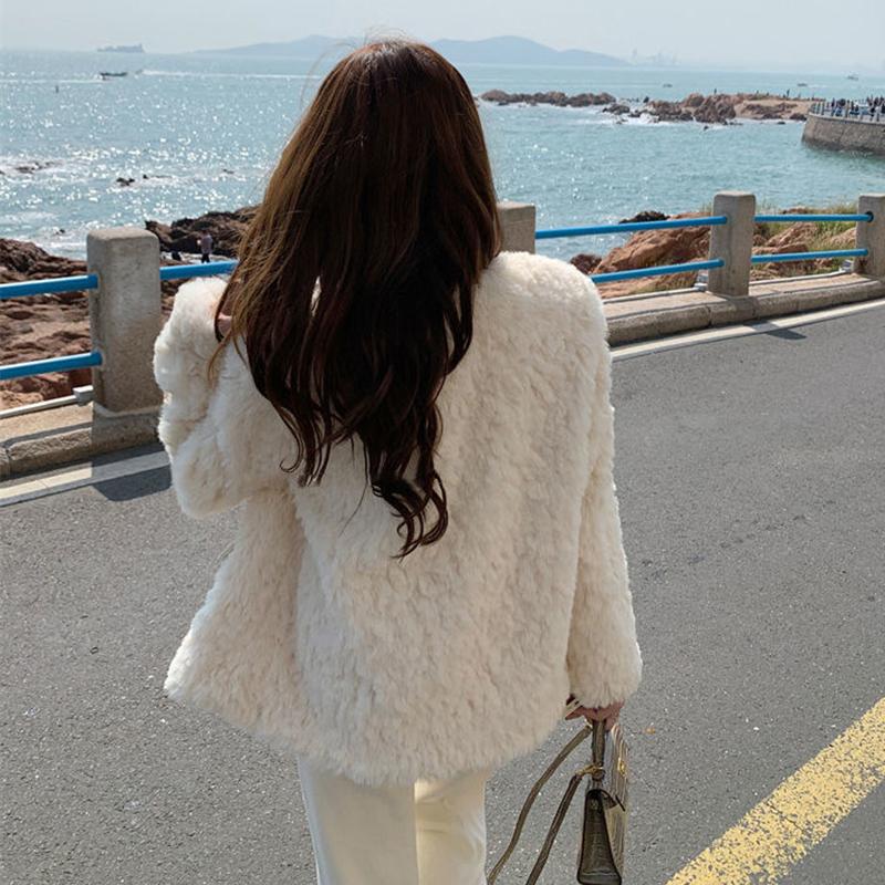 Korean Fashion Lamb Wool Coats Women Streetwear O-Neck Faux Fur Jackets Woman 2024 Autumn Winter Thick Warm Plush Coat