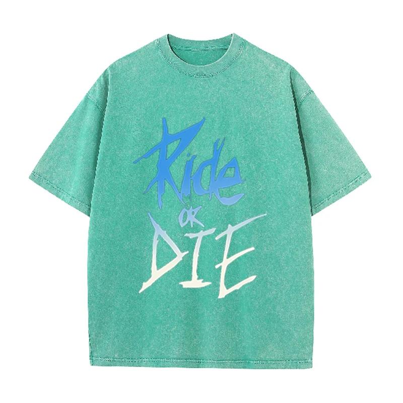 Ride Or Die Letter Print Vintage Washed T Shirt Unisex Punk Rock Casual Tee
