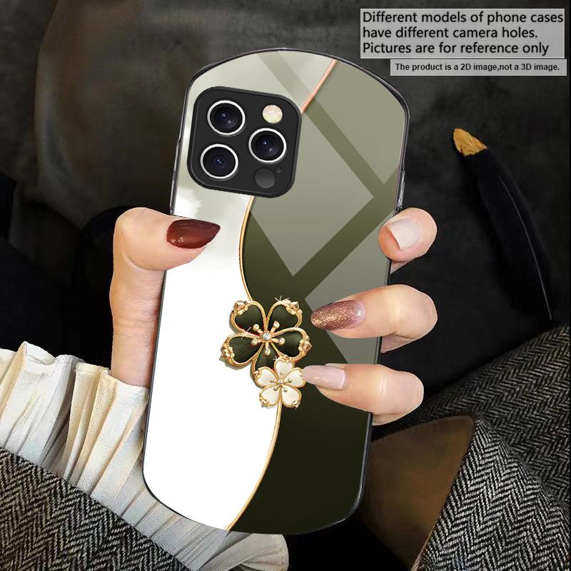 Lucky Four-leaf Clover For iPhone 16 15 14 13 Plus 12 Mini 11 Pro Max XR Xs X 7 8 6 6S Elliptical Tempered Glass Phone Case