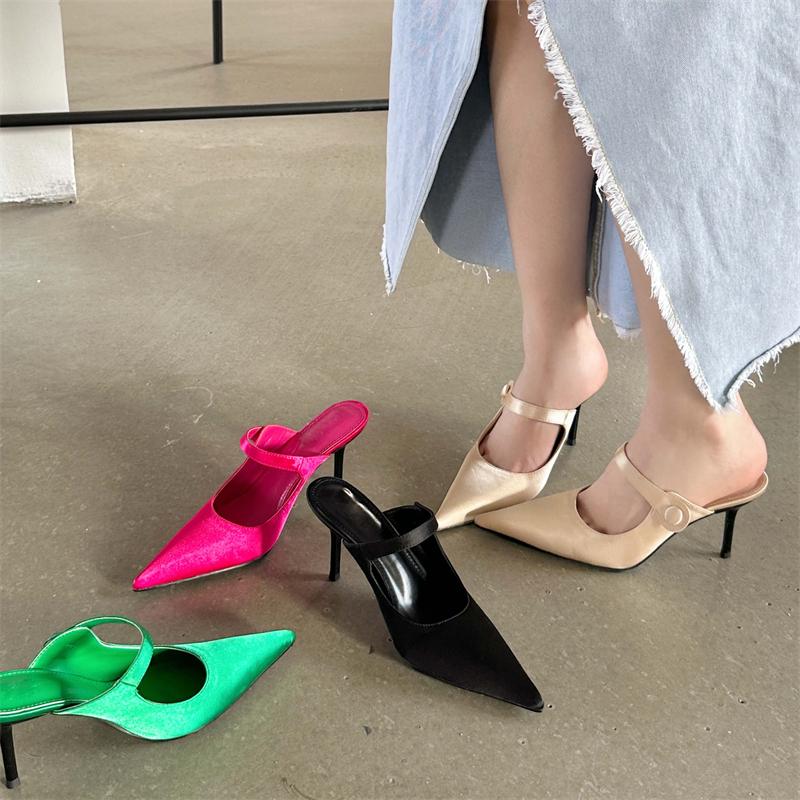 Eilyken Satin Button Pointed Toe Mules Pumps Women Slipper Shallow Thin High Heels Ladies Shoes