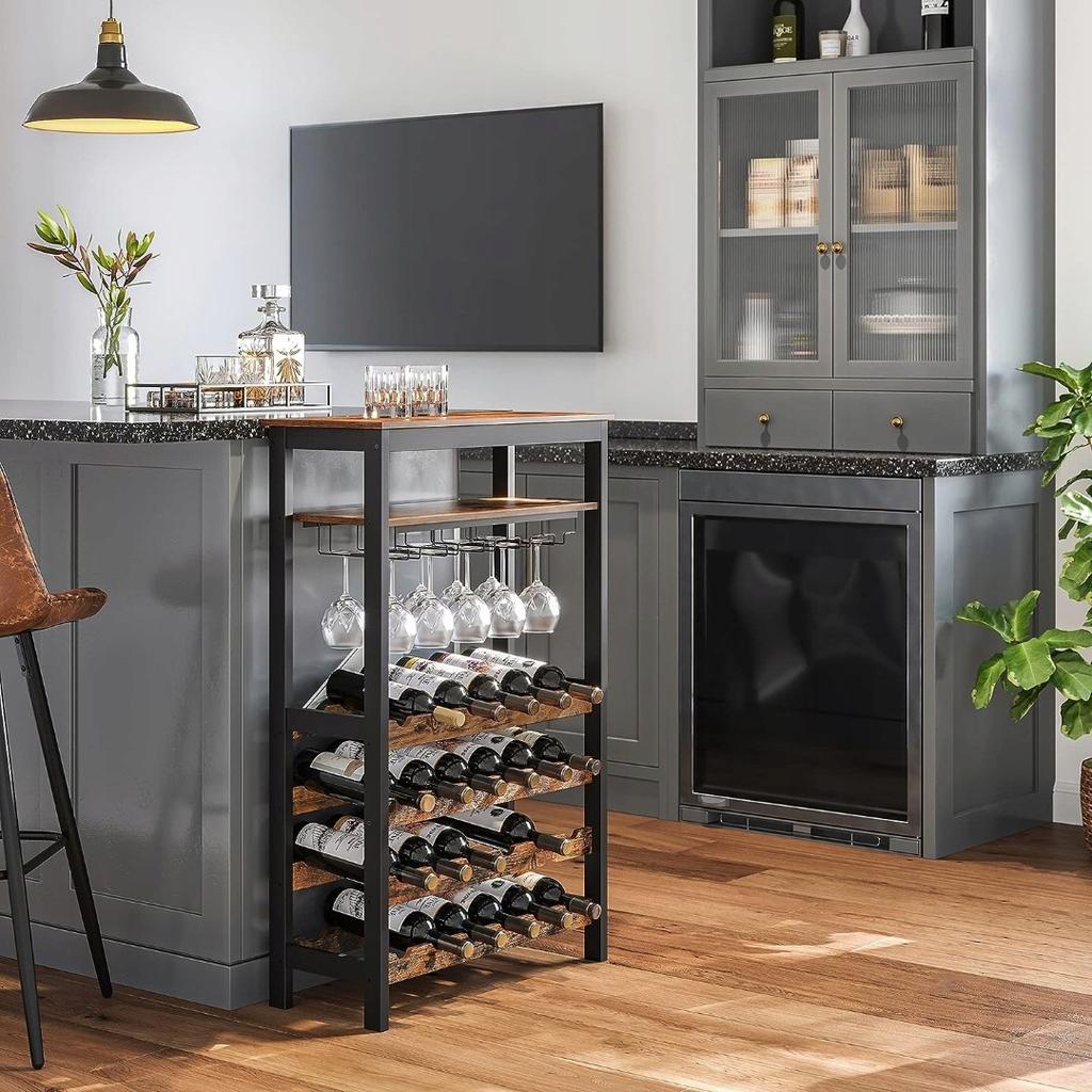 Shelf Rack for Wine and Glasses. Wooden Loft Wine Cabinet.