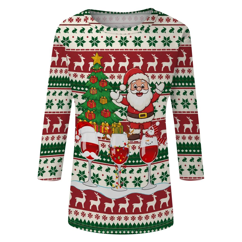 Women's Casual Christmas Print Three-Quarter Sleeve Neck Top