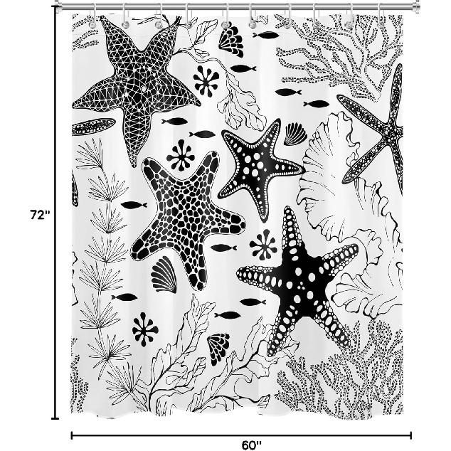 EOBTAIN Black and White Nautical Shower Curtain for Bathroom Summer Starfish and Seaweed Abstract Underwater Fabric Shower Curtain with 10 Hooks