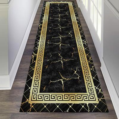 Black and Gold Greek Key Rug Marble Hallway Runner Modern Carpet Entryway Mat Colorful Non Slip Long Floor Accent Home Decor