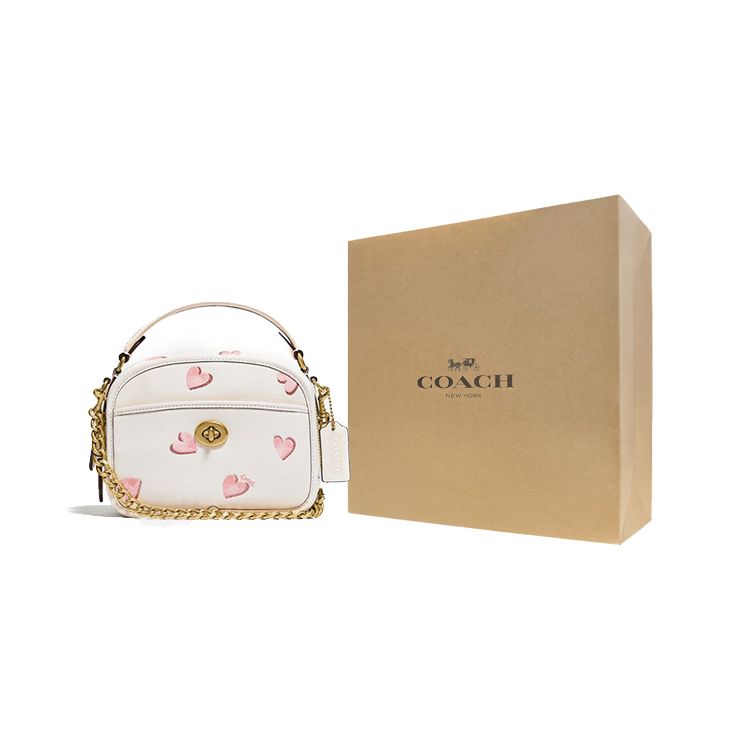 Coach Lunchbox 17 Top Handle Fashion Heart Print Leather Shoulder Handbag Women Handbag White C3920-B4HA