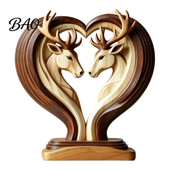 Hand Polished Wood Decor Wooden Animal Ornament with Stable Base, Double Layer Carved Figurine, Rustic Crafts for Office Heart Shape Sculpture