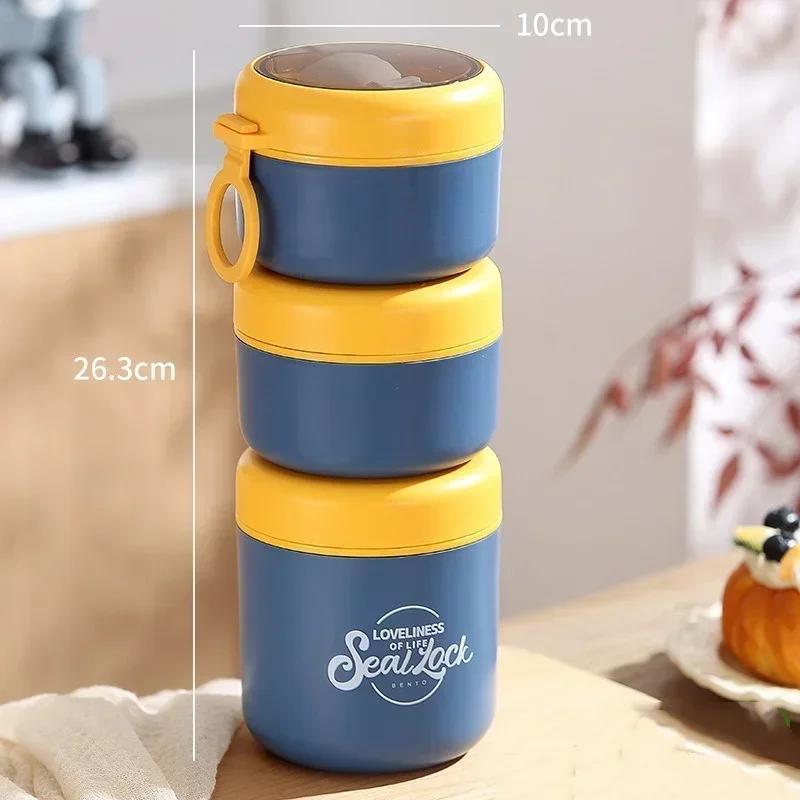 Stainless steel 3-layer Soup Cup Lunch Container Set 3 Separate Stackable Lunch Box with Spoon Food Containers for Adults Kids