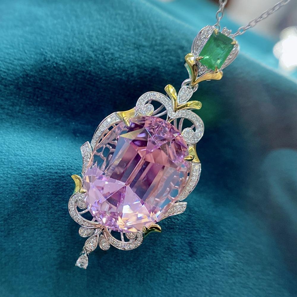 

Exaggerated Pink Morganite Necklace with Sparkling Diamond Pendant Oval Cut Two Tone Plated Jewelry