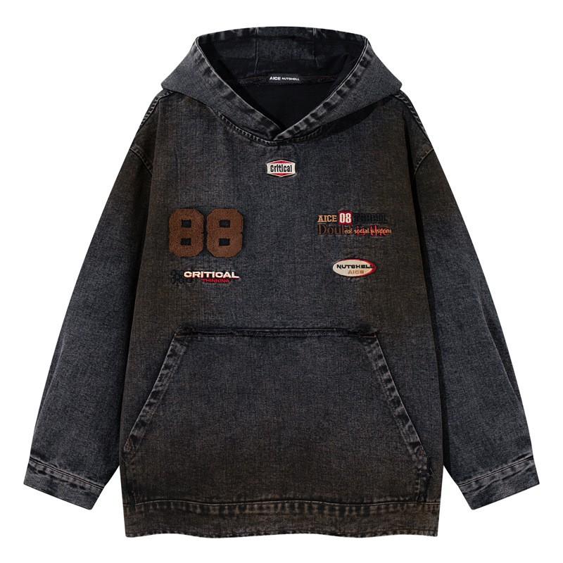 Unisex Oversized Hooded Sweatshirt With Distressed Embroidery Washed Denim Style Streetwear Casual Winter Top