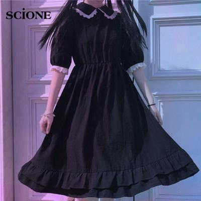 S ~ 4XL Y2K Vestido Gótico Preto Kawaii Lolita Estilo Vestido Mori Girl Fada Bonito Lolita Peter Pan Gola Manga Sopro Vestido Feminino