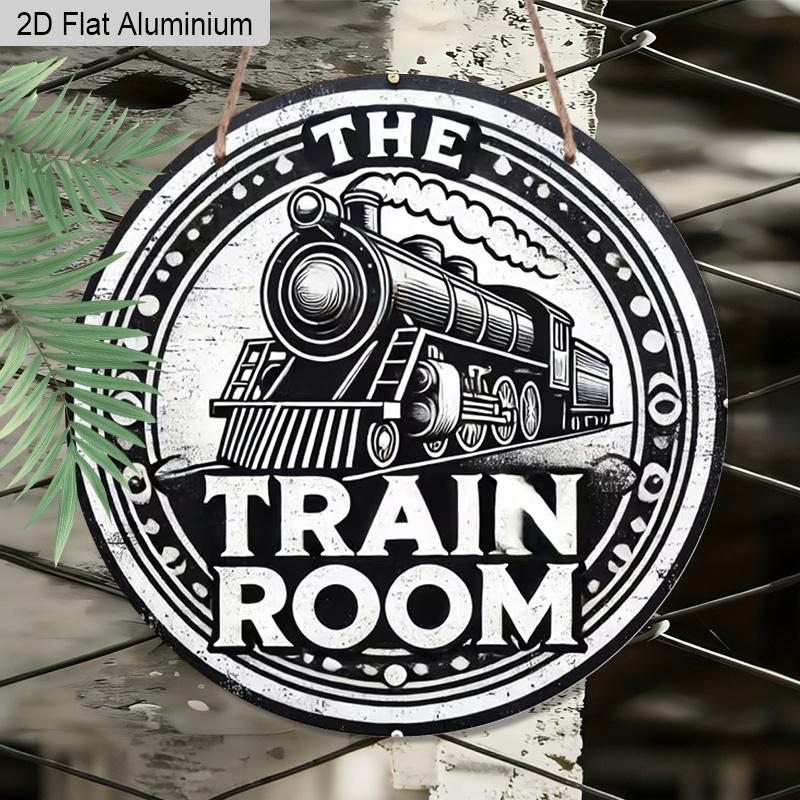 2D Flat AluminumVintage Train Room Round Metal Sign for Entryway, Bar, Cafe, Club, Kitchen, Pre-Drilled Holes for Easy Hanging, gifts for Teens