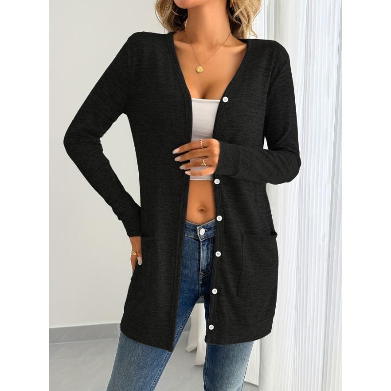 Women's New Autumn and Winter Solid Color Loose V-neck Long Sleeve Pocket Waist Cardigan Jacket