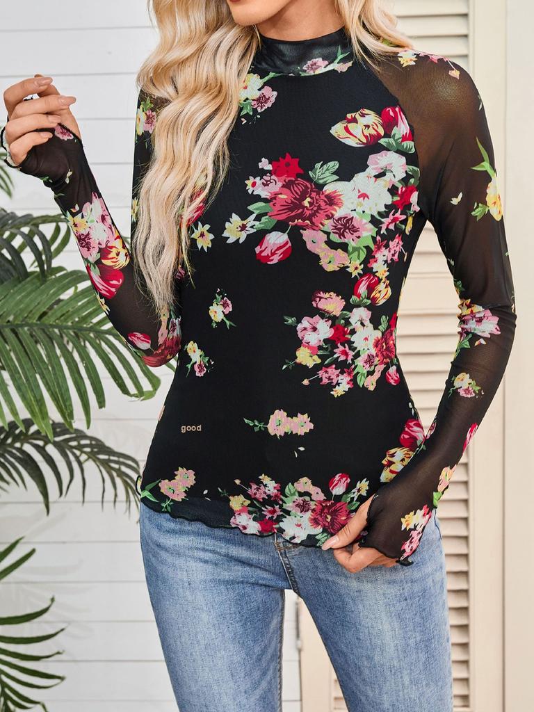 Turtleneck Long Sleeve Lace Floral Mesh Undershirt Top Women's