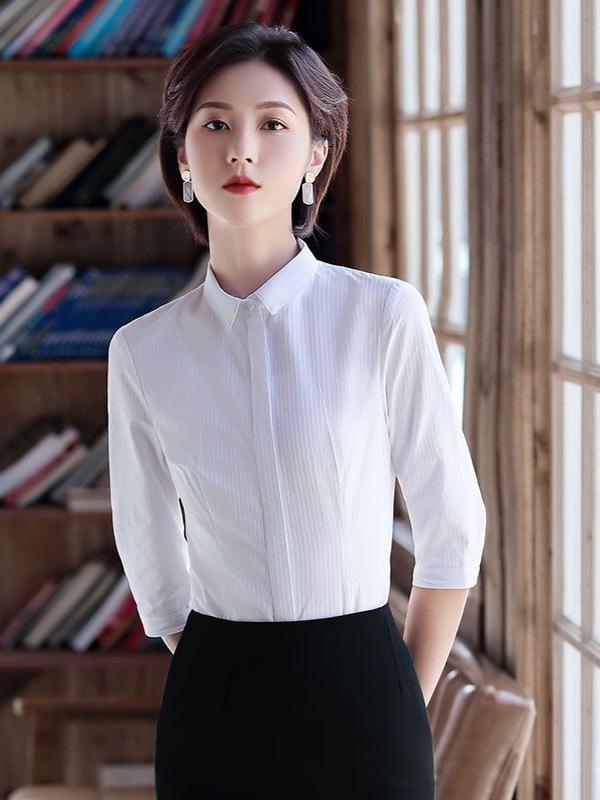 Women's Blue Striped Slim-Fit Work Shirt with Mid-Length Sleeves for Spring/Summer