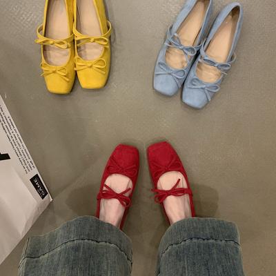 French Mary Jane Shoes Square Head Shallow Mouth Bow Inner Height Increase Temperament Socialite Evening Wind Suede Ballet Shoes