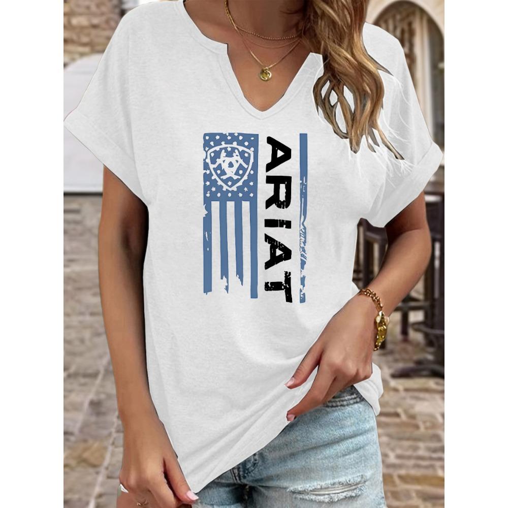 Women's Summer Crew Neck Short Sleeve T-Shirt, Ariat Distressed American Flag Print, Western Style Casual Top