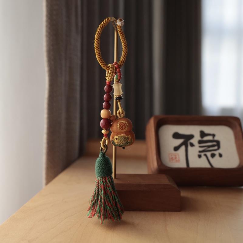 Peach Wood Koi Gourd Keychain 22G With Cinnabar Buddha Bead Hanging Decoration Diy Pendant Accessories Fashion Jewelry Charm
