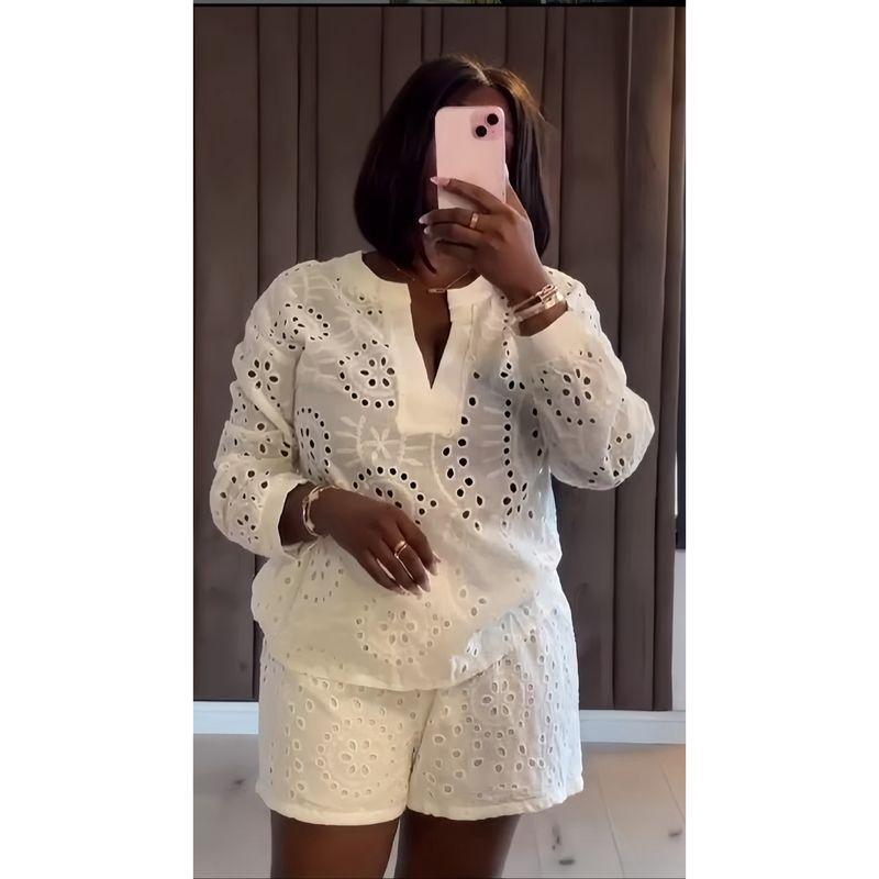 

European and American Women clothes Spring New Solid Long sleeve V-neck Top Waist Hugging Shorts Leisure Two-piece Set White S