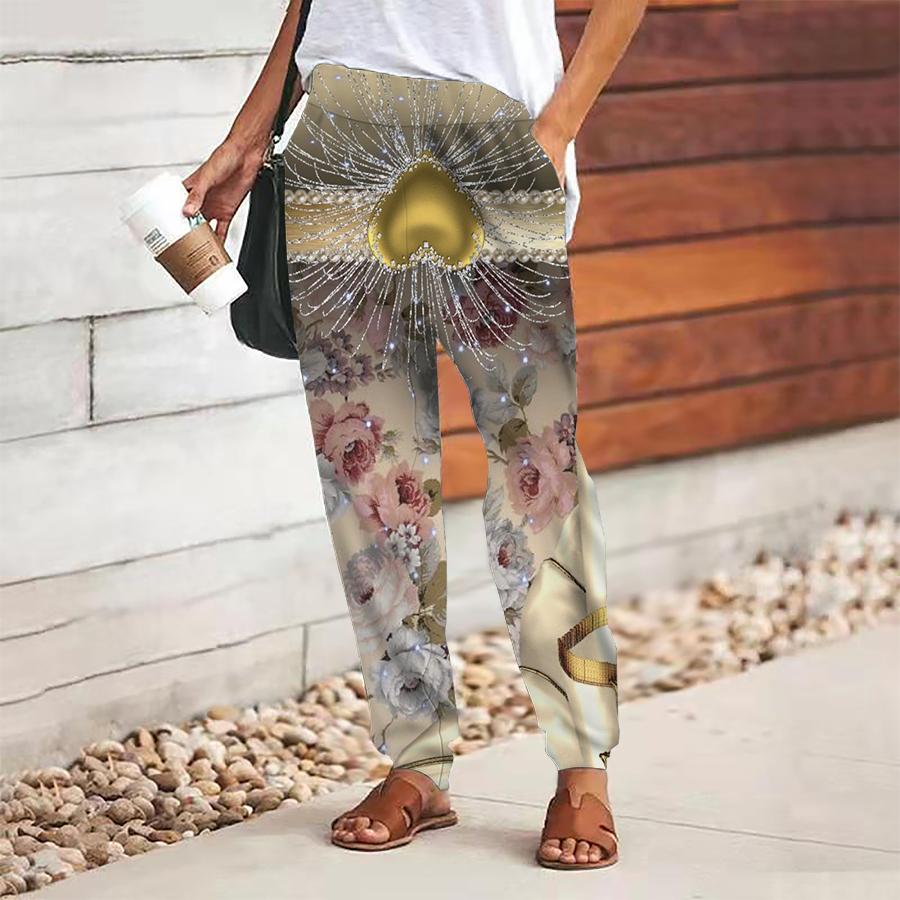 Women Gorgeous Printing Pants Lace Up Elastic Waist Loose  Trousers Casual Long Pants Trousers with Pockets