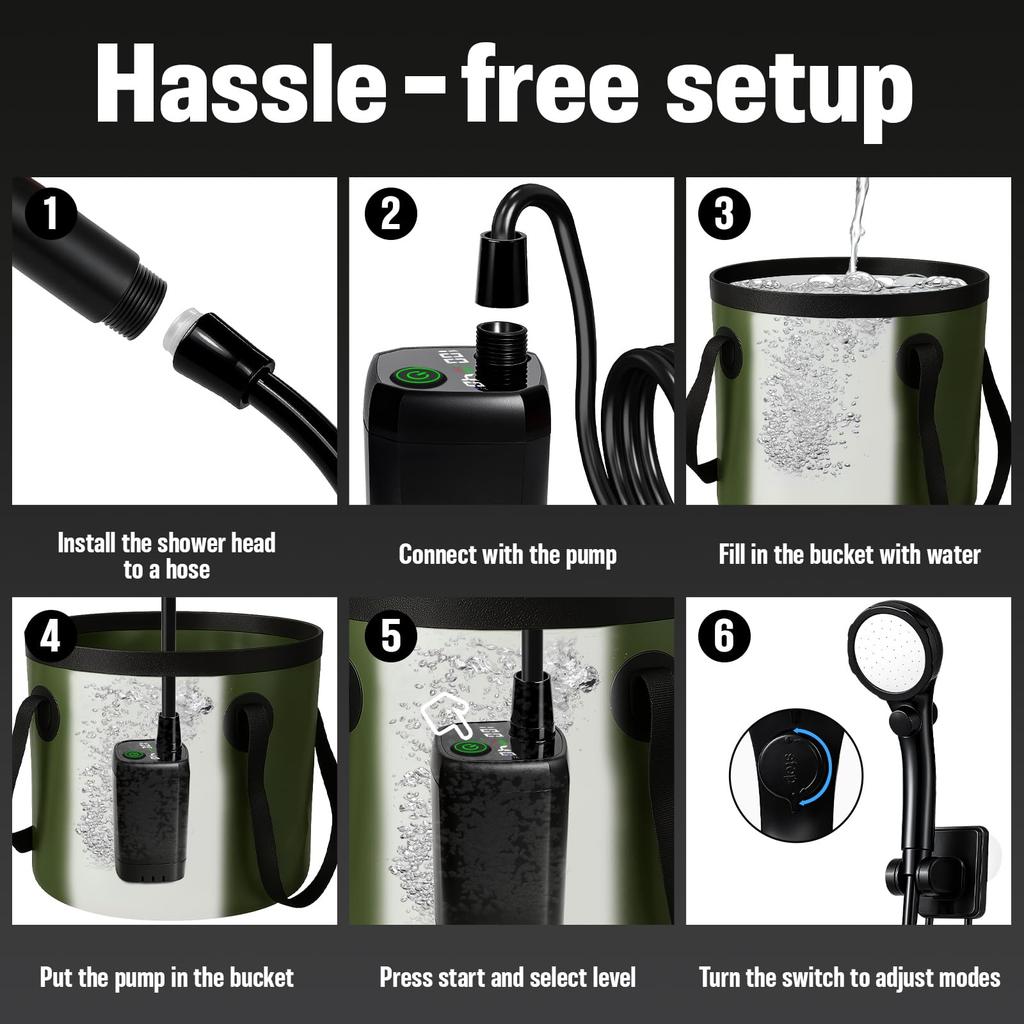 Portable Camping Shower with 6000mAh Gallon Folding Filtered Shower for Car Bathing Outdoor Camping Shower Pump Battery, 5.3 Bucket, Head, Hiking/RV,