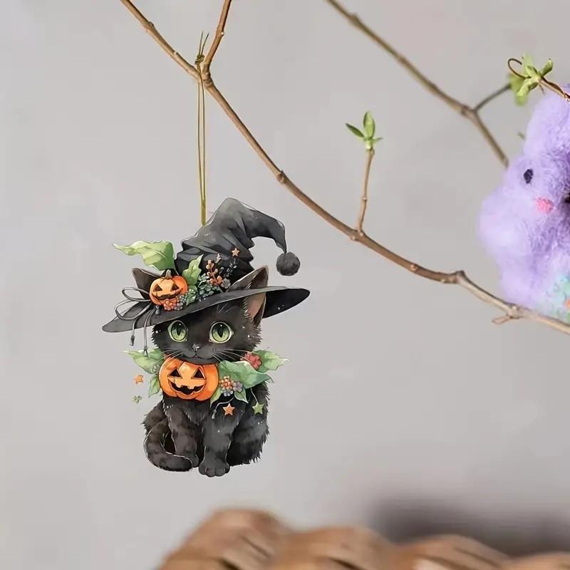 Surface Flat Acrylic Pendant With Halloween Cat Pumpkin Design For Decor Auto