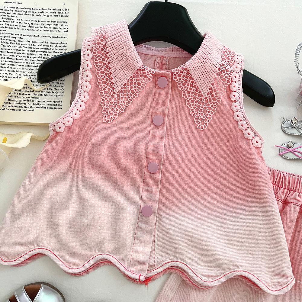 Girls' Summer Denim Lace Sleeveless Jacket & Shorts Set 2025