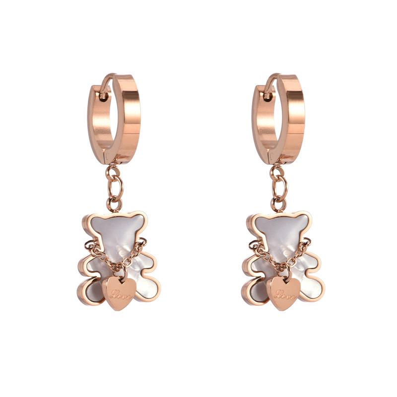 Sweet Peach Heart & Bear Earrings, Titanium Steel Studs with White Shell, Korean Style for Women