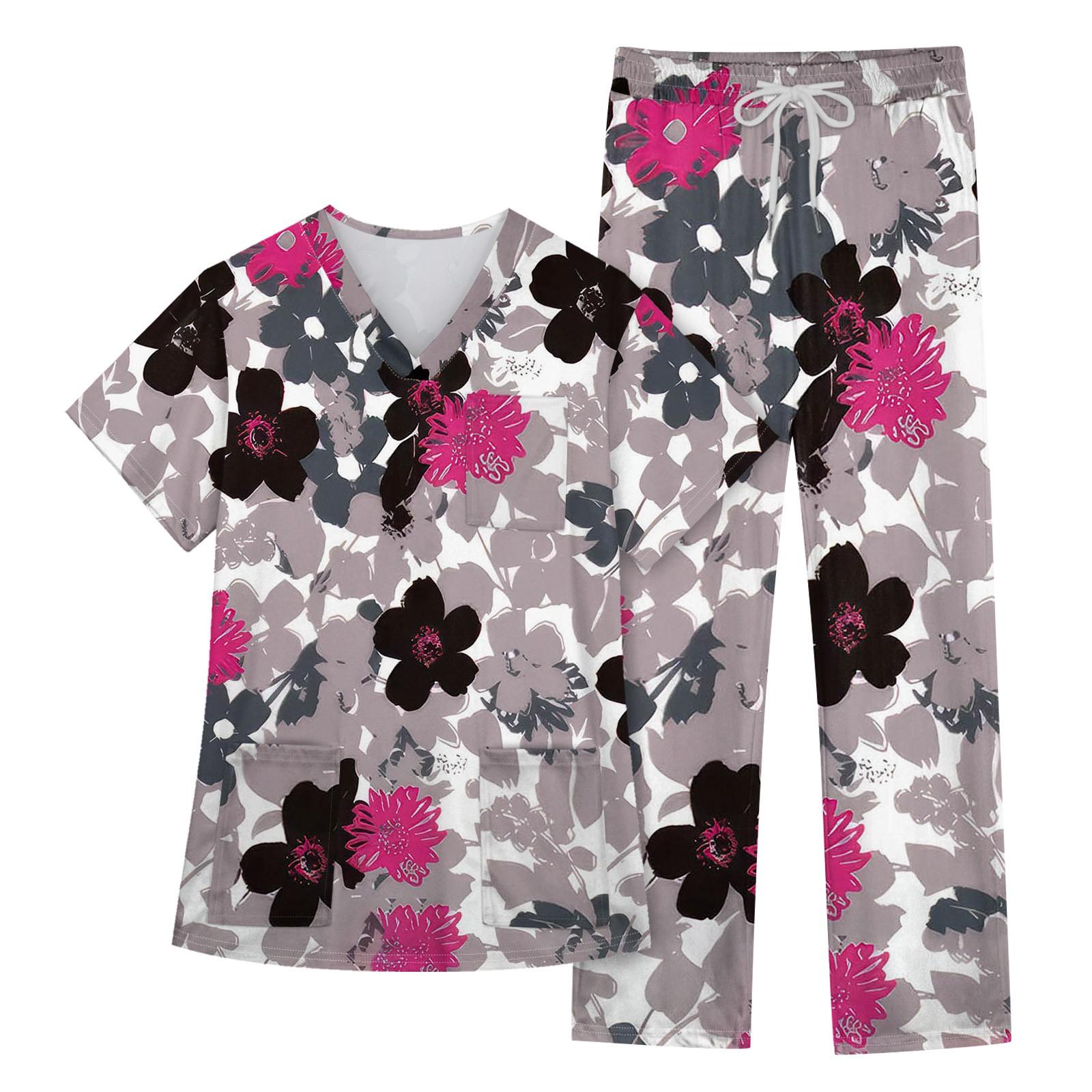 

Женский рабочий топ с короткими рукавами и v-образным вырезом с животным принтом, нагрудный карман, рабочий топ, брюки с эластичной резинкой на талии, рабочий комплект из двух предметов M